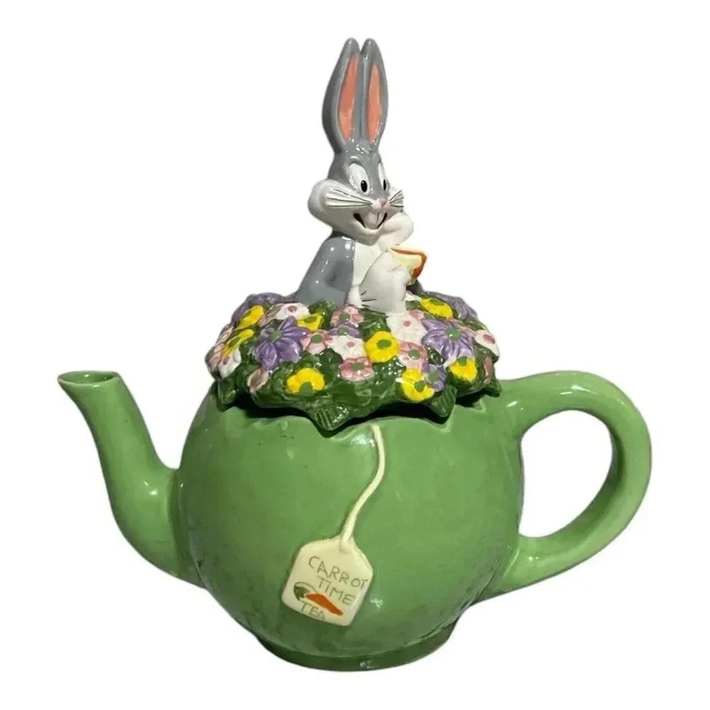 Vintage Looney Tunes Bugs Bunny Carrot Time Tea Ceramic Teapot Green Floral
